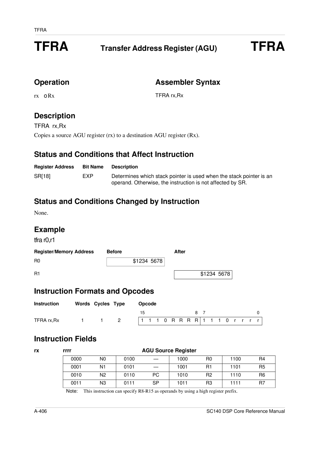 Freescale Semiconductor SC140 specifications Tfra r0,r1, Rx → Rx, Tfra rx,Rx 