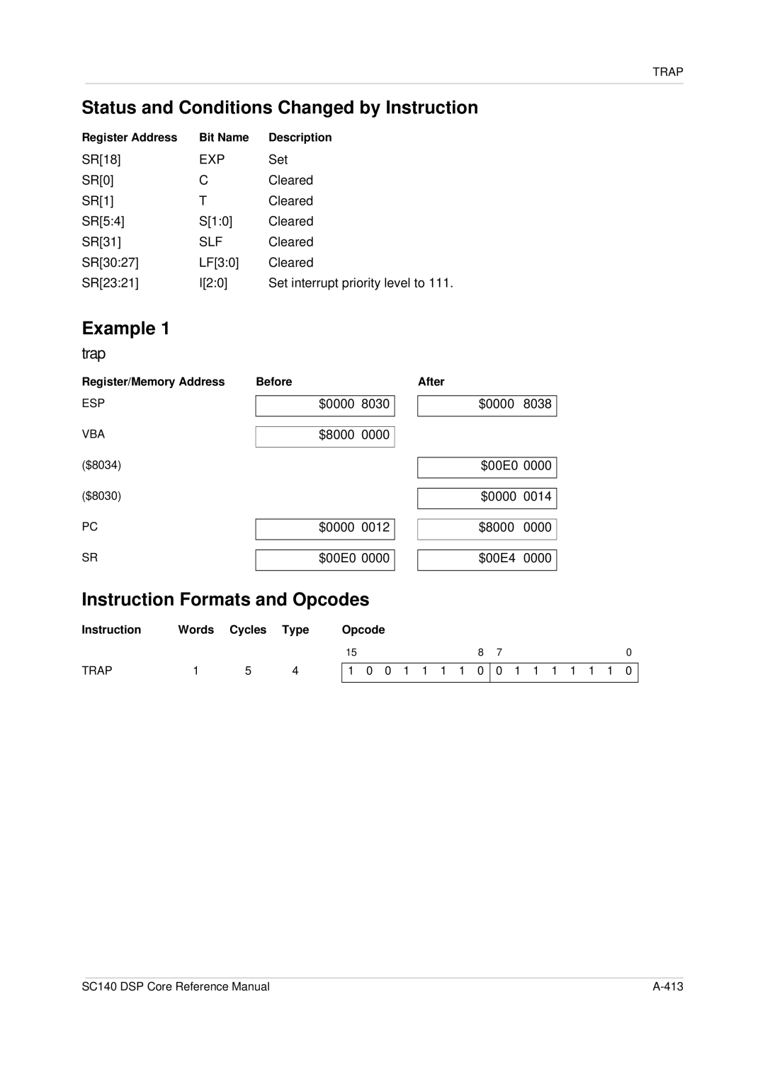 Freescale Semiconductor SC140 specifications Status and Conditions Changed by Instruction, Trap 