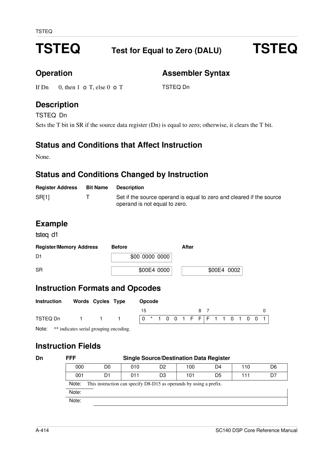 Freescale Semiconductor SC140 Test for Equal to Zero Dalu, Tsteq d1, If Dn == 0, then 1 → T, else 0 → T, Tsteq Dn 