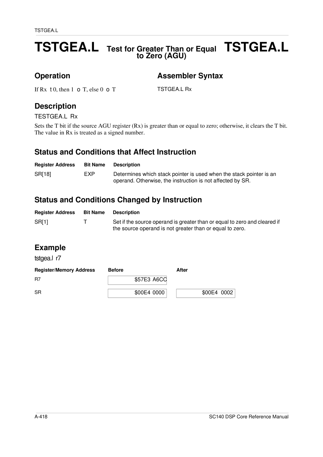 Freescale Semiconductor SC140 specifications Tstgea.l r7, If Rx ≥ 0, then 1 → T, else 0 → T, TESTGEA.L Rx 