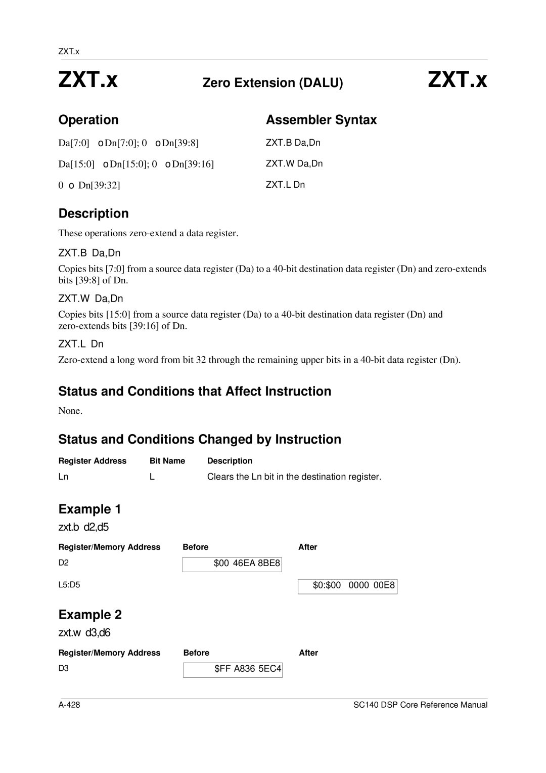 Freescale Semiconductor SC140 specifications Zero Extension Dalu, Zxt.b d2,d5, Zxt.w d3,d6 