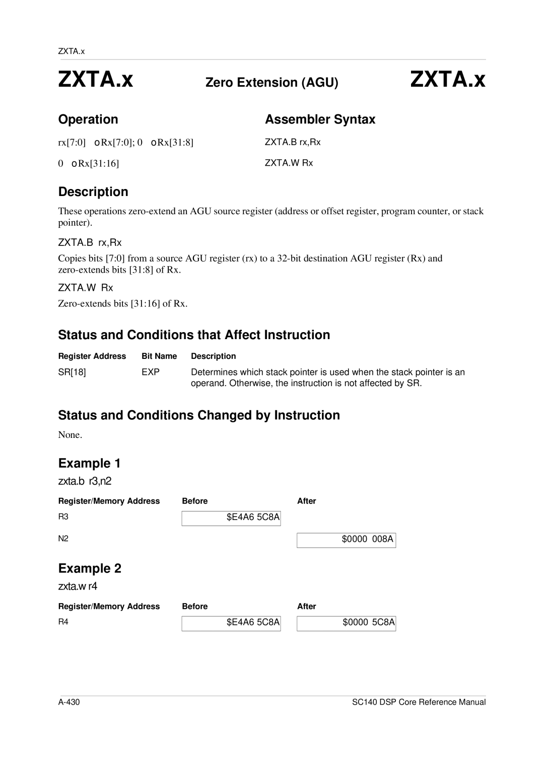 Freescale Semiconductor SC140 specifications Zero Extension AGU, Zxta.b r3,n2, Zxta.w r4 