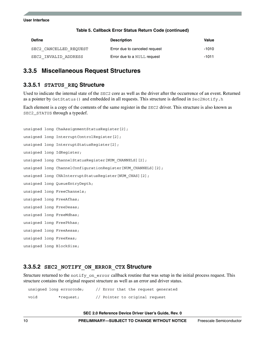 Freescale Semiconductor SEC2SWUG specifications Miscellaneous Request Structures, SEC2CANCELLEDREQUEST, SEC2INVALIDADDRESS 