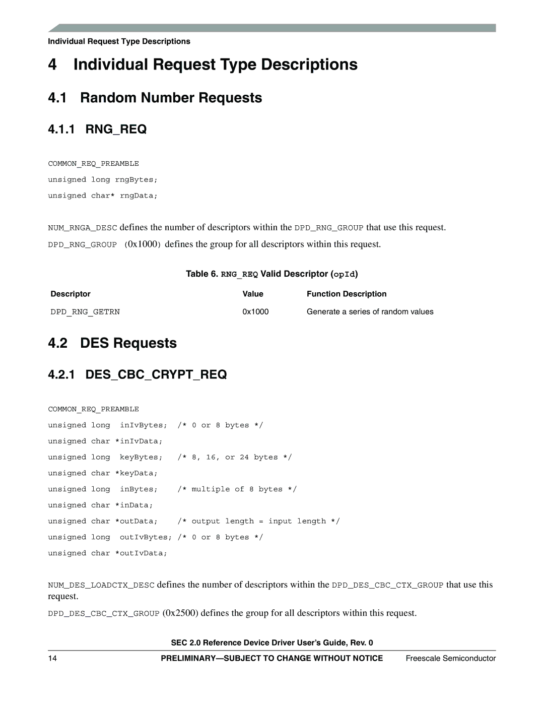 Freescale Semiconductor SEC2SWUG Individual Request Type Descriptions, Random Number Requests, DES Requests, Rngreq 