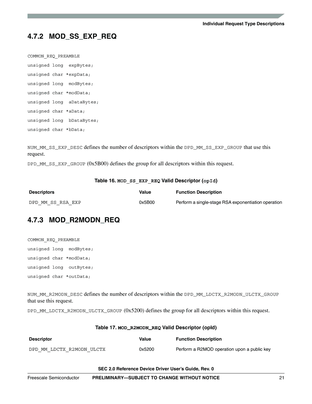 Freescale Semiconductor SEC2SWUG specifications MODR2MODNREQ, Modssexpreq Valid Descriptor opId, Dpdmmssrsaexp 