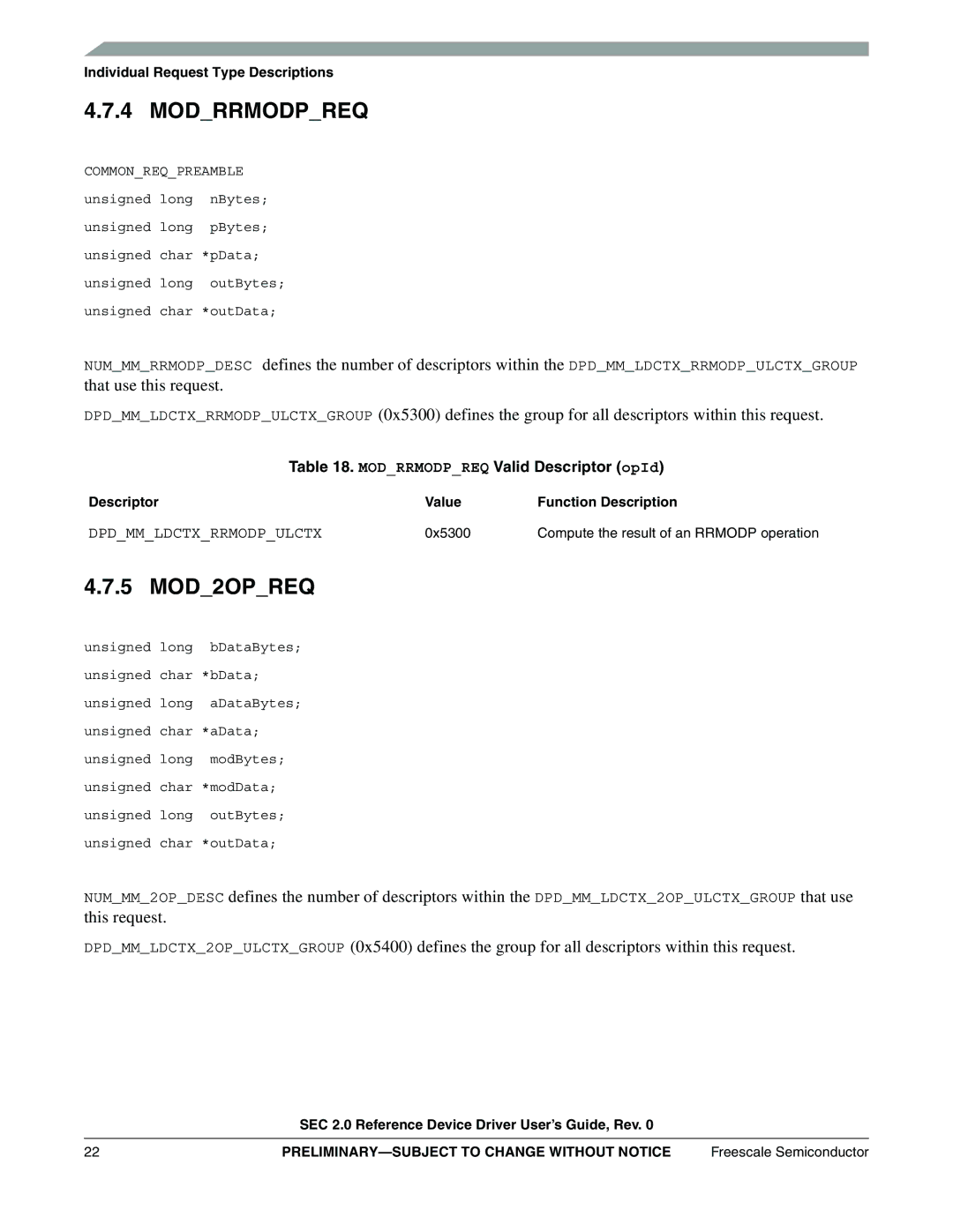 Freescale Semiconductor SEC2SWUG specifications 5 MOD2OPREQ, Modrrmodpreq Valid Descriptor opId, 0x5300 