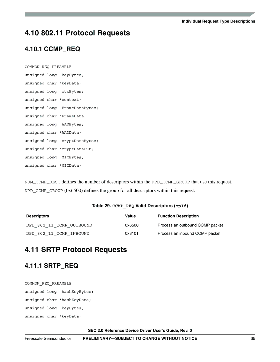 Freescale Semiconductor SEC2SWUG specifications 10 802.11 Protocol Requests, Srtp Protocol Requests, Ccmpreq, Srtpreq 