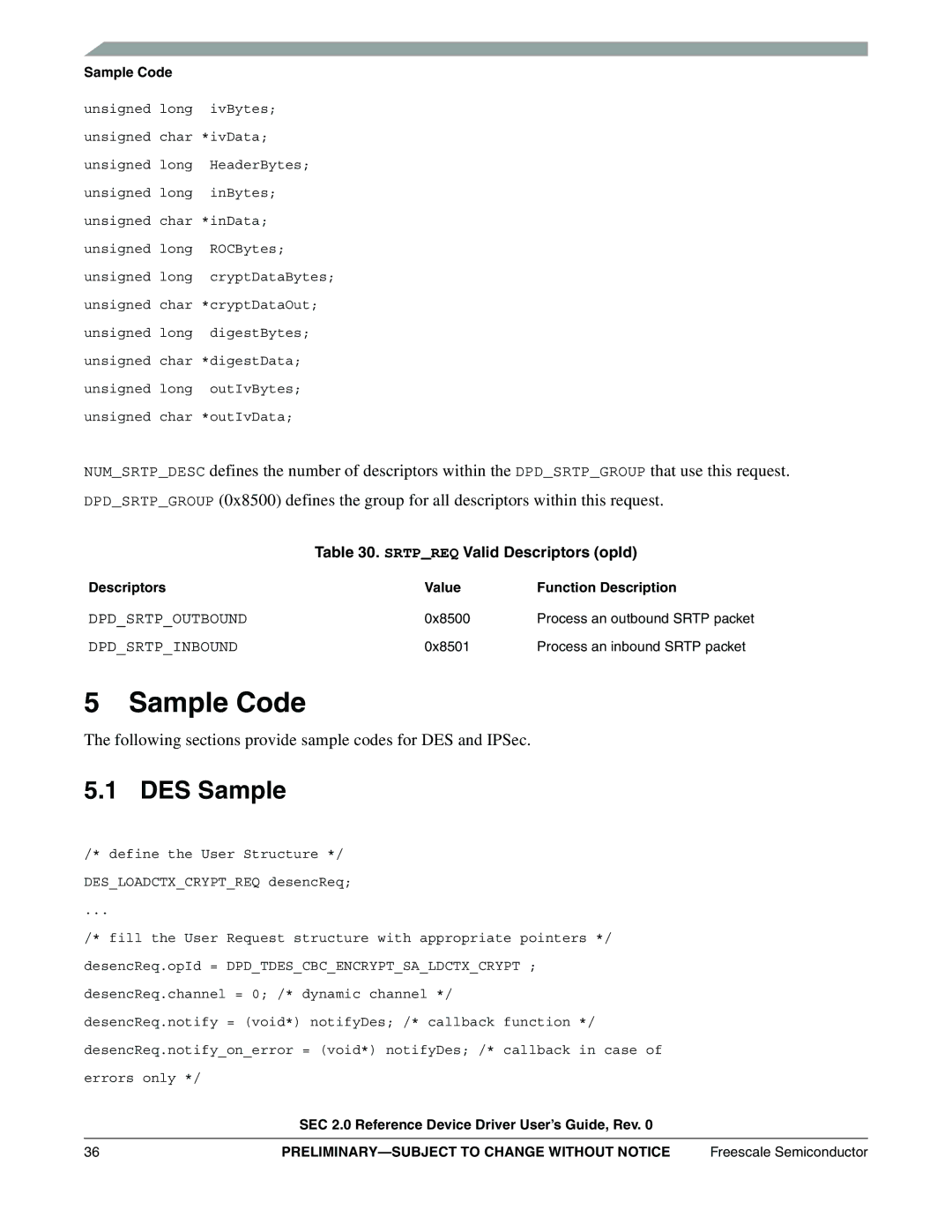 Freescale Semiconductor SEC2SWUG specifications Sample Code, DES Sample, Srtpreq Valid Descriptors opId 