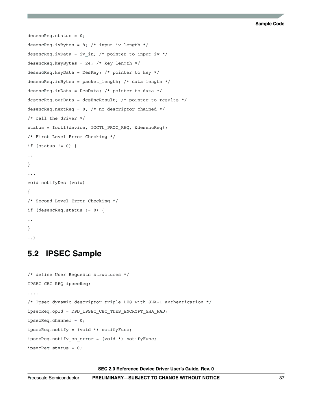 Freescale Semiconductor SEC2SWUG specifications Ipsec Sample 