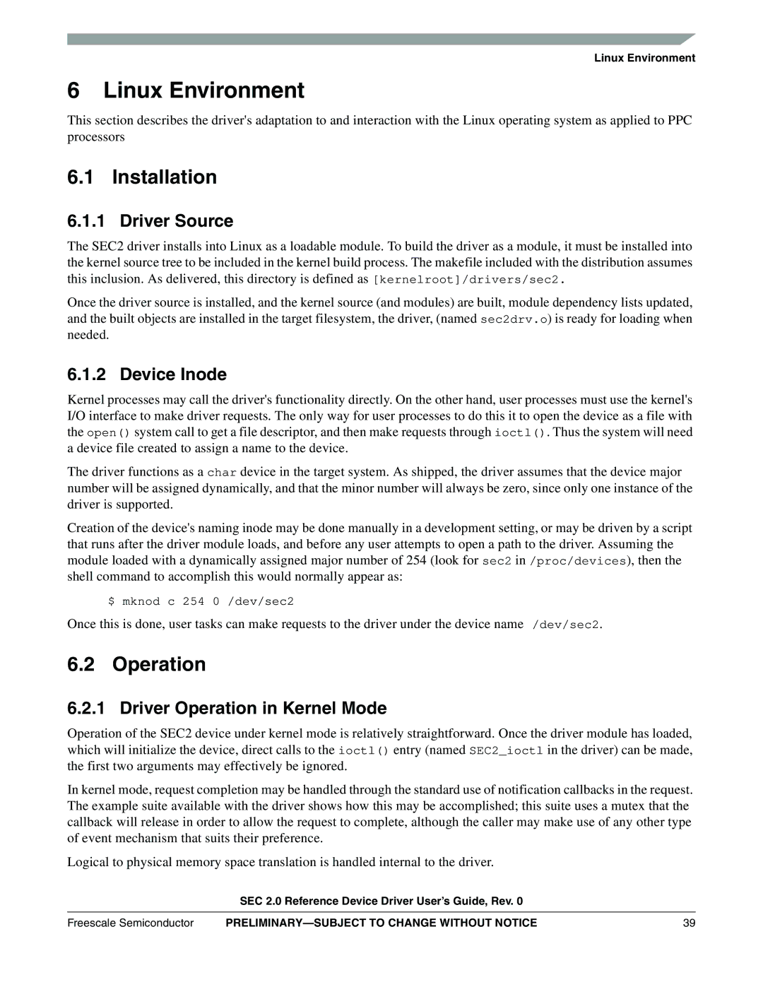 Freescale Semiconductor SEC2SWUG specifications Linux Environment, Installation, Operation 