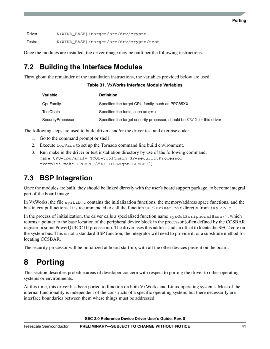 Freescale Semiconductor SEC2SWUG specifications Porting, Building the Interface Modules, BSP Integration 