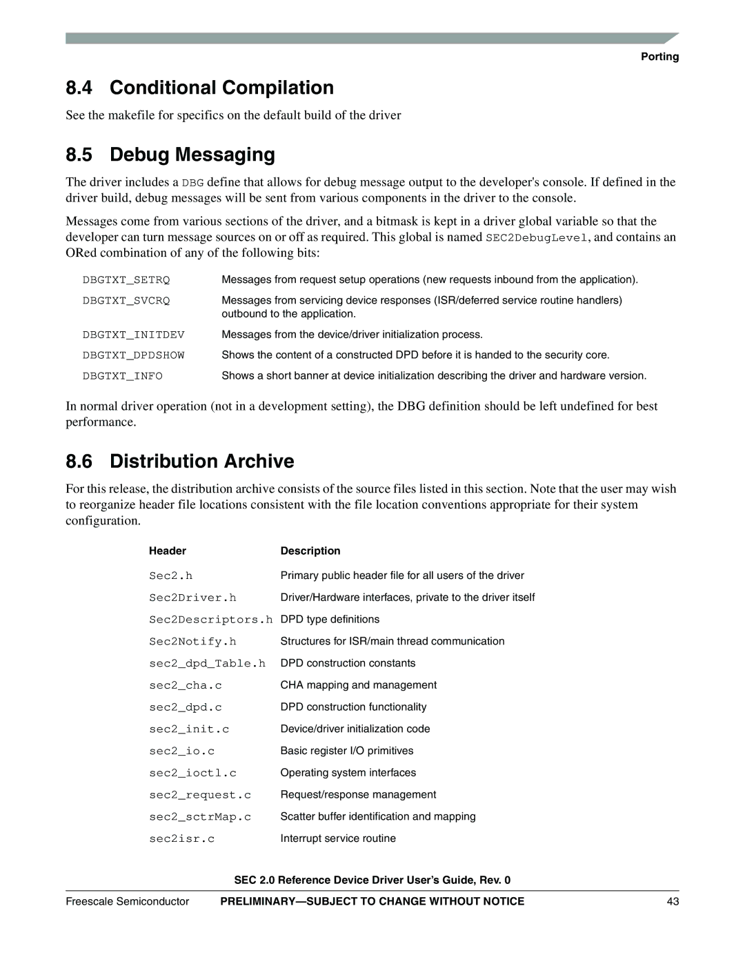 Freescale Semiconductor SEC2SWUG specifications Conditional Compilation, Debug Messaging, Distribution Archive 