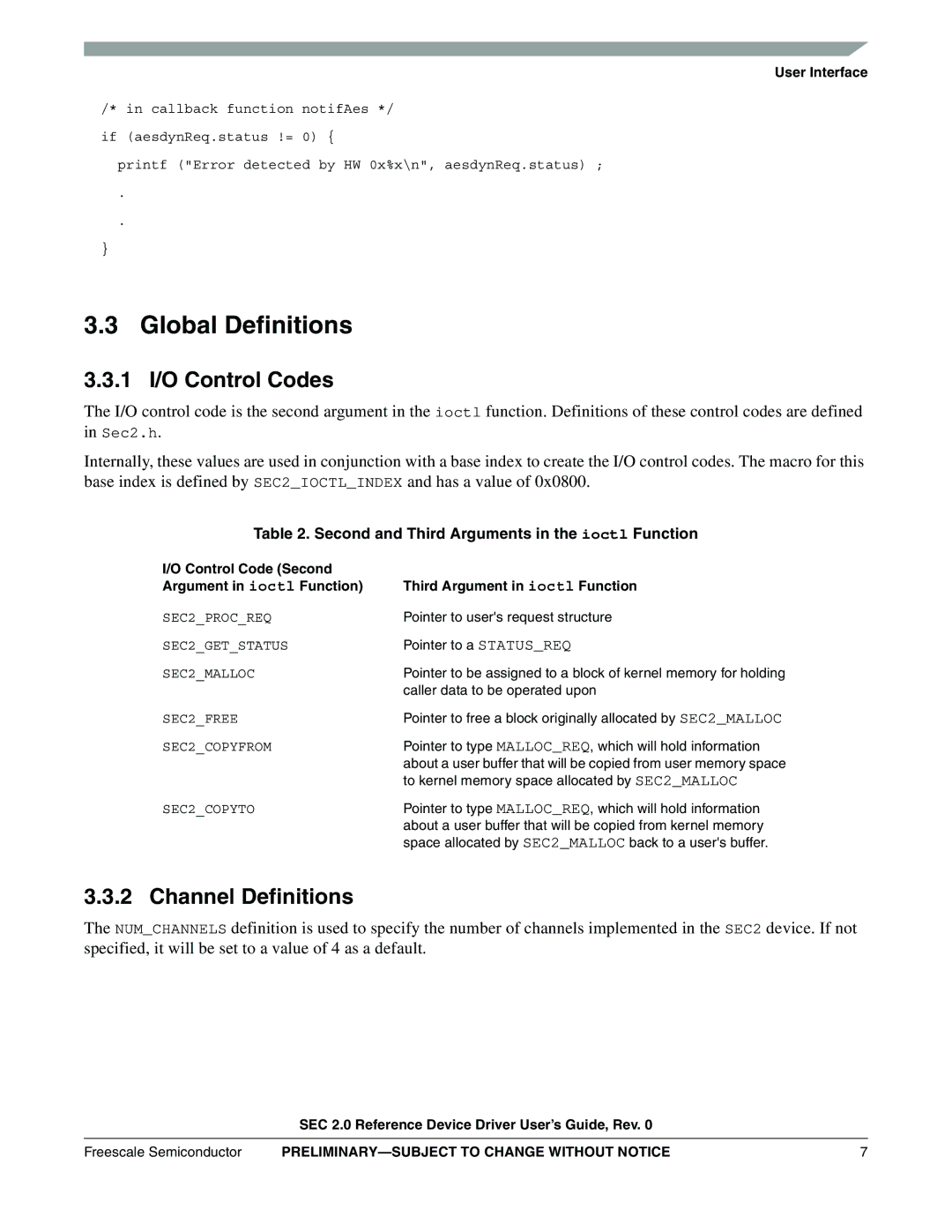 Freescale Semiconductor SEC2SWUG specifications Global Definitions, 1 I/O Control Codes, Channel Definitions 