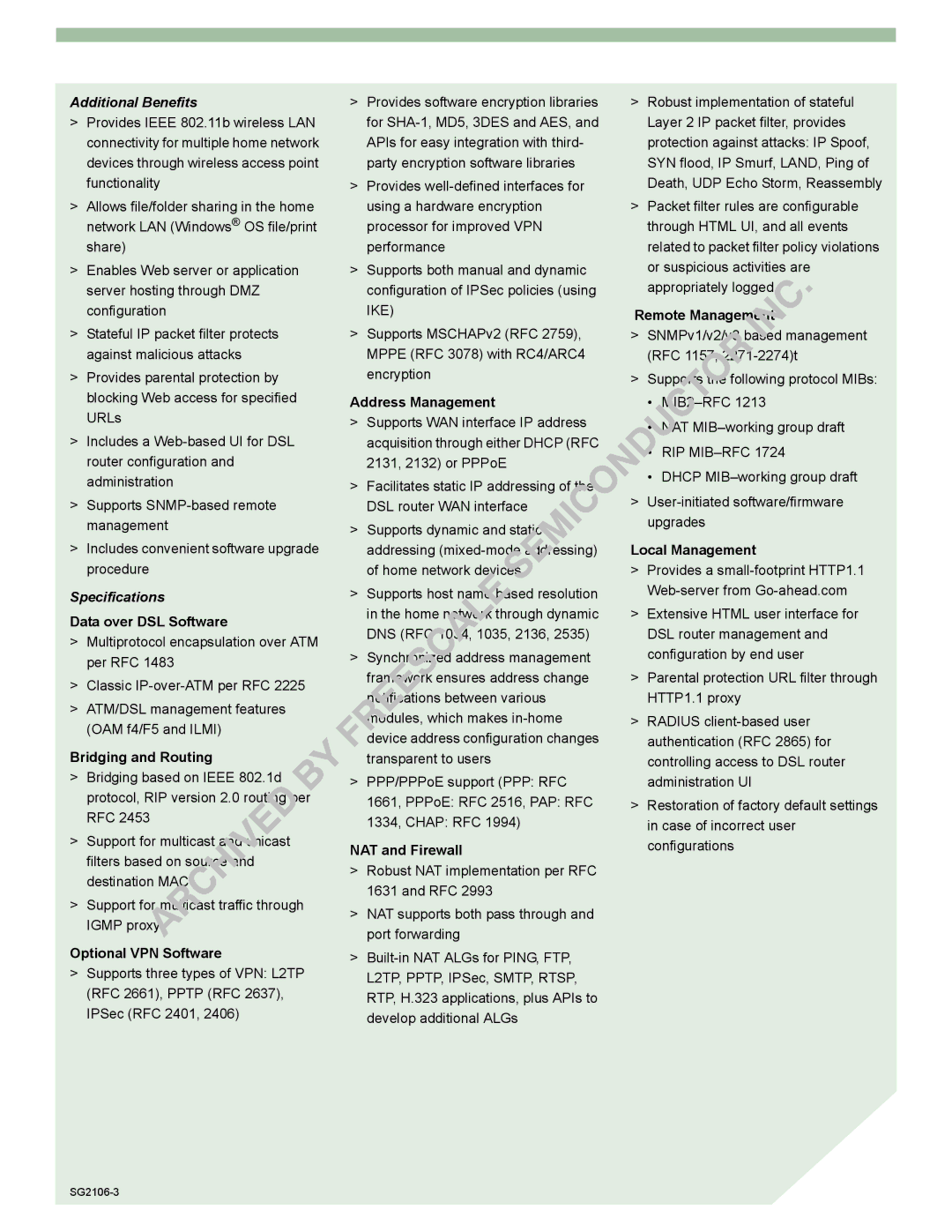 Freescale Semiconductor SG2106-2 manual Additional Benefits, Specifications 