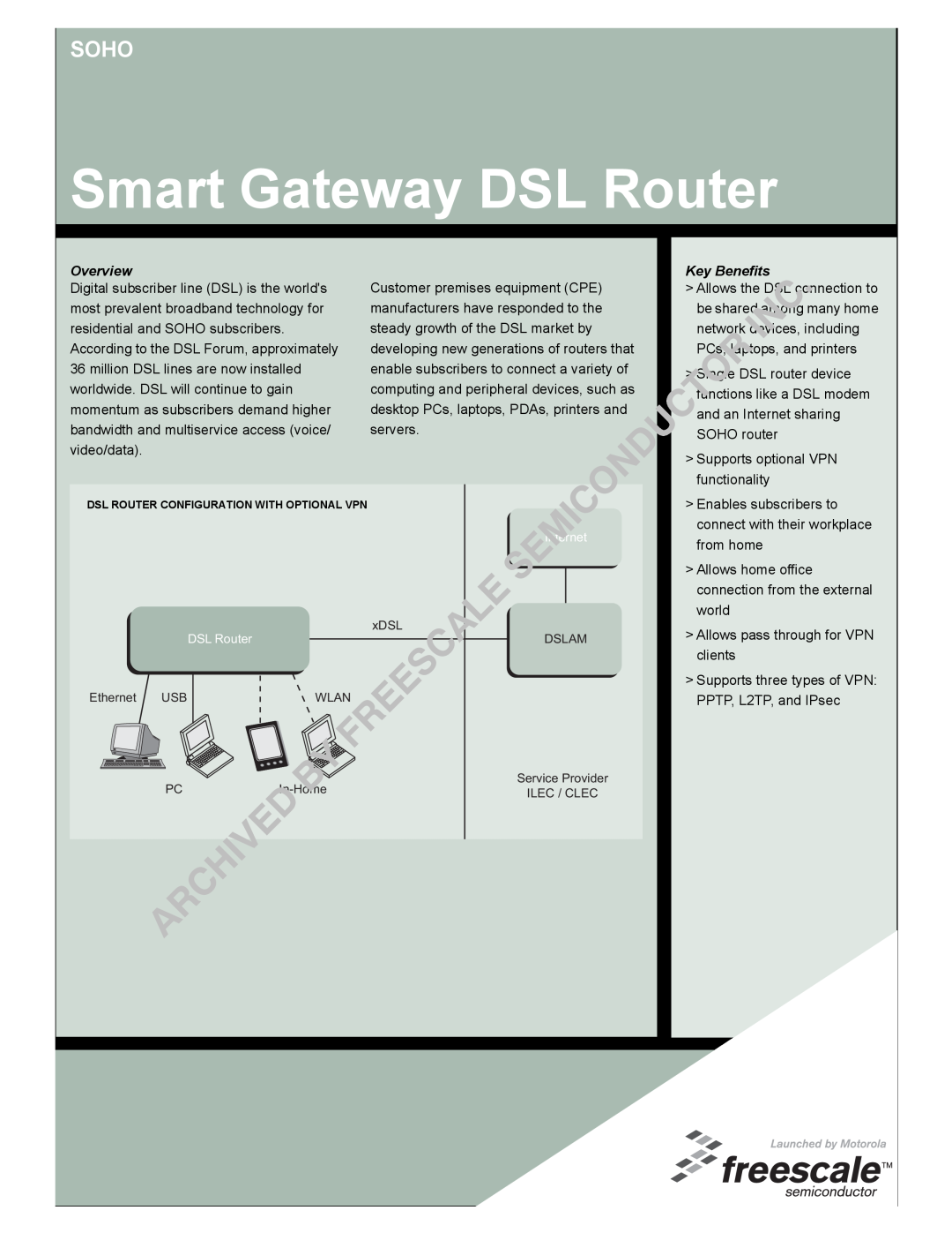 Freescale Semiconductor SG2106-2 manual Smart Gateway DSL Router, Soho, Overview, Key Benefits 