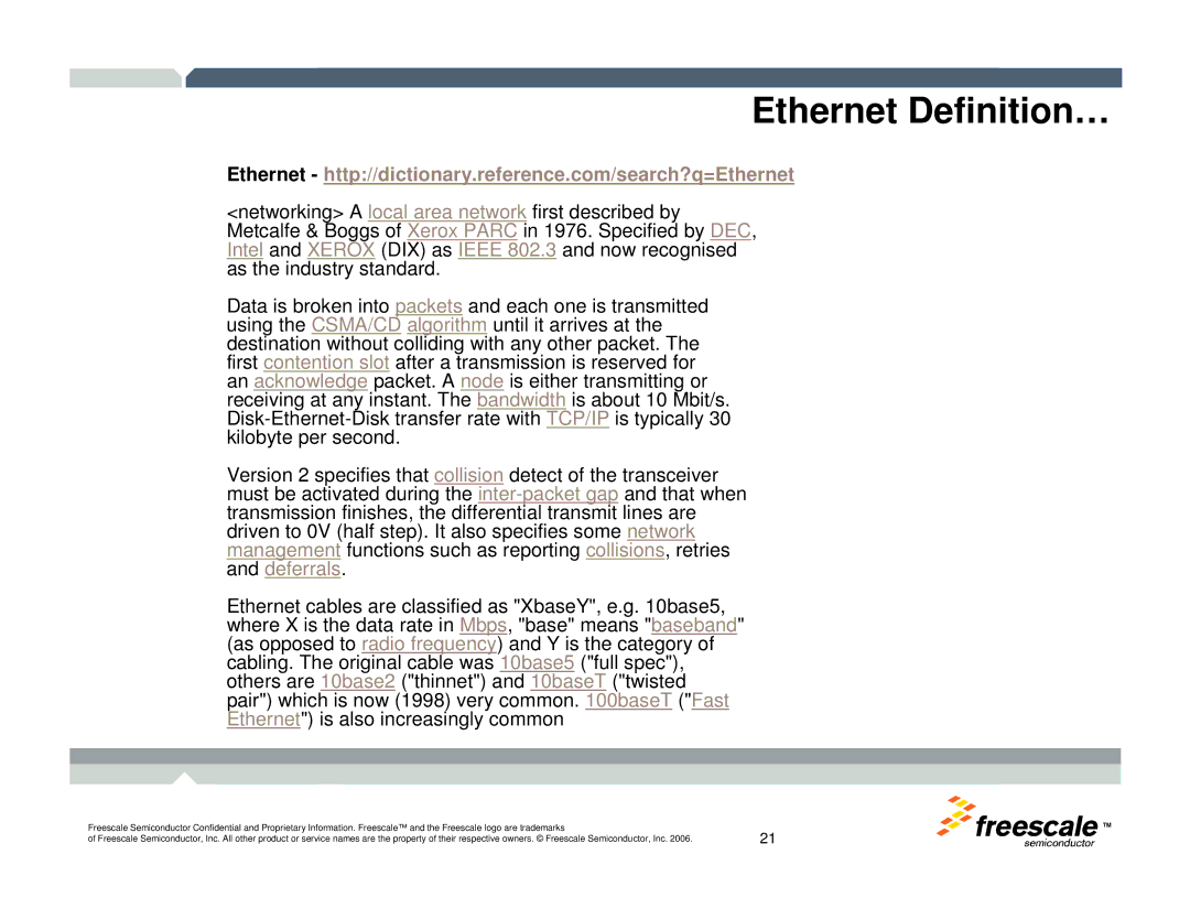 Freescale Semiconductor TWR-MCF52259-Ethenet manual Ethernet Definition… 