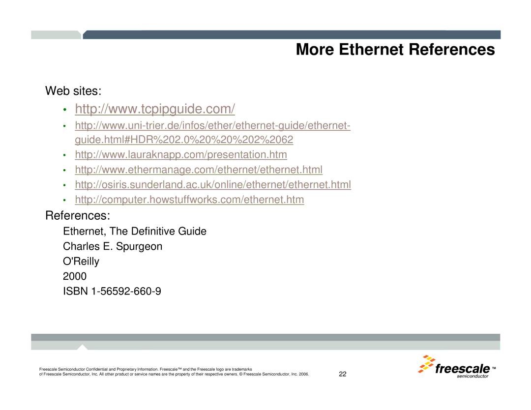 Freescale Semiconductor TWR-MCF52259-Ethenet manual More Ethernet References, Web sites 