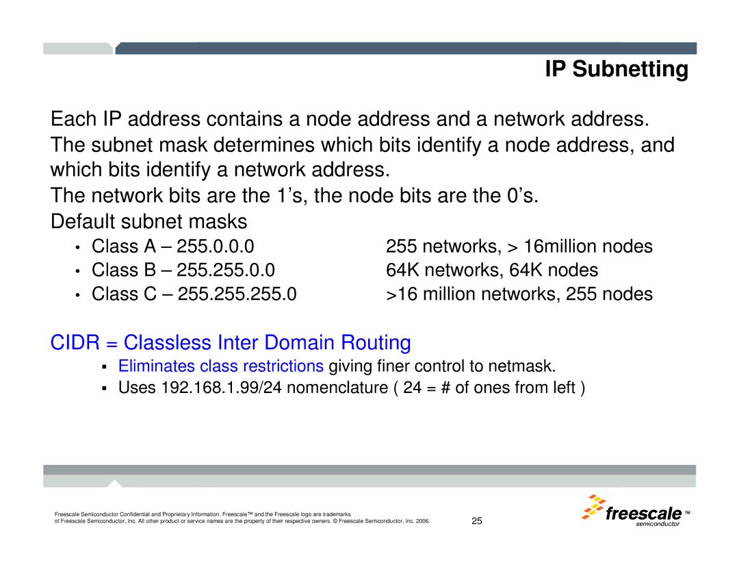 Freescale Semiconductor TWR-MCF52259-Ethenet manual IP Subnetting, Cidr = Classless Inter Domain Routing 