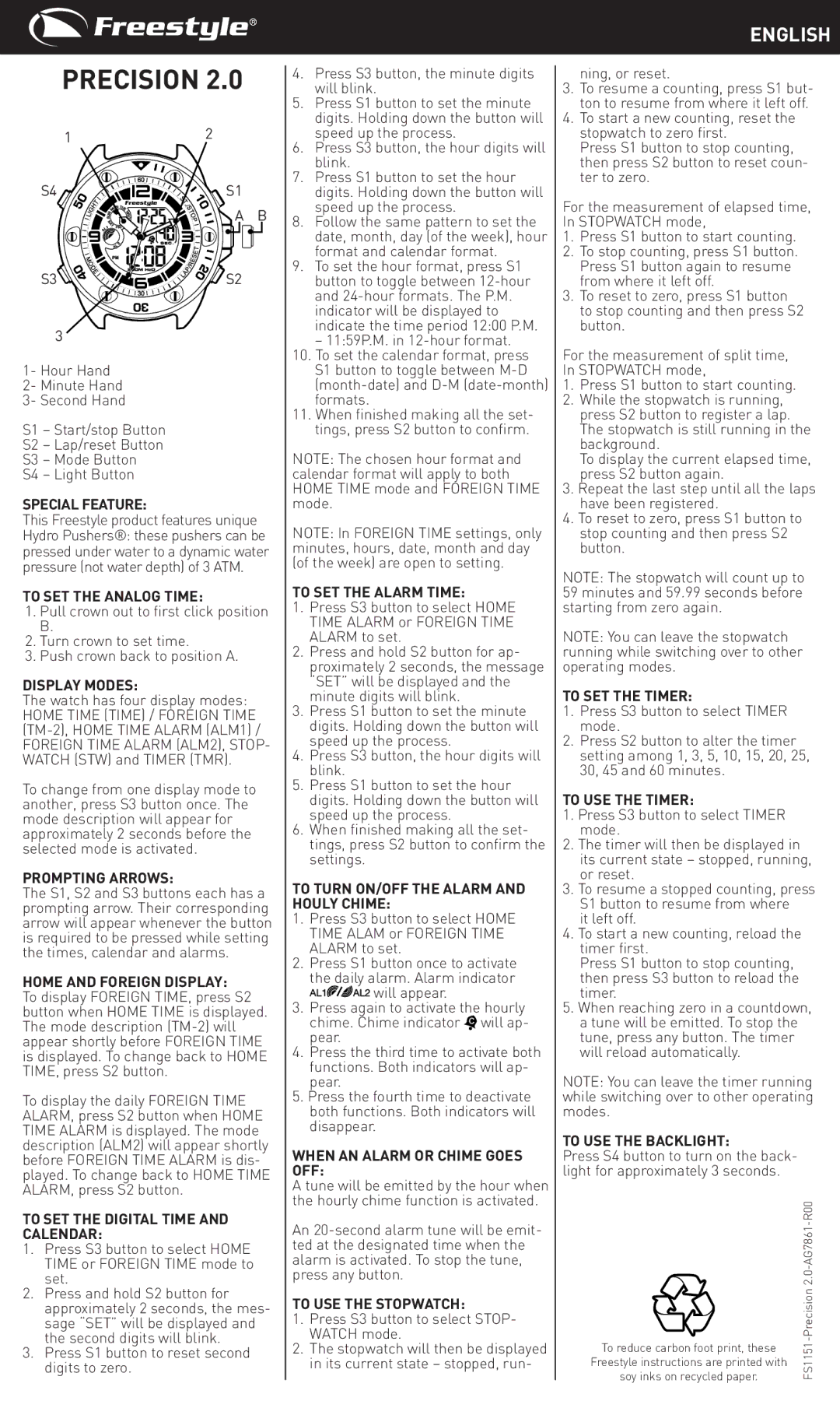 Freestyle manual English, Watch has four display modes, Home Time Time / Foreign Time TM-2, Home Time Alarm ALM1 