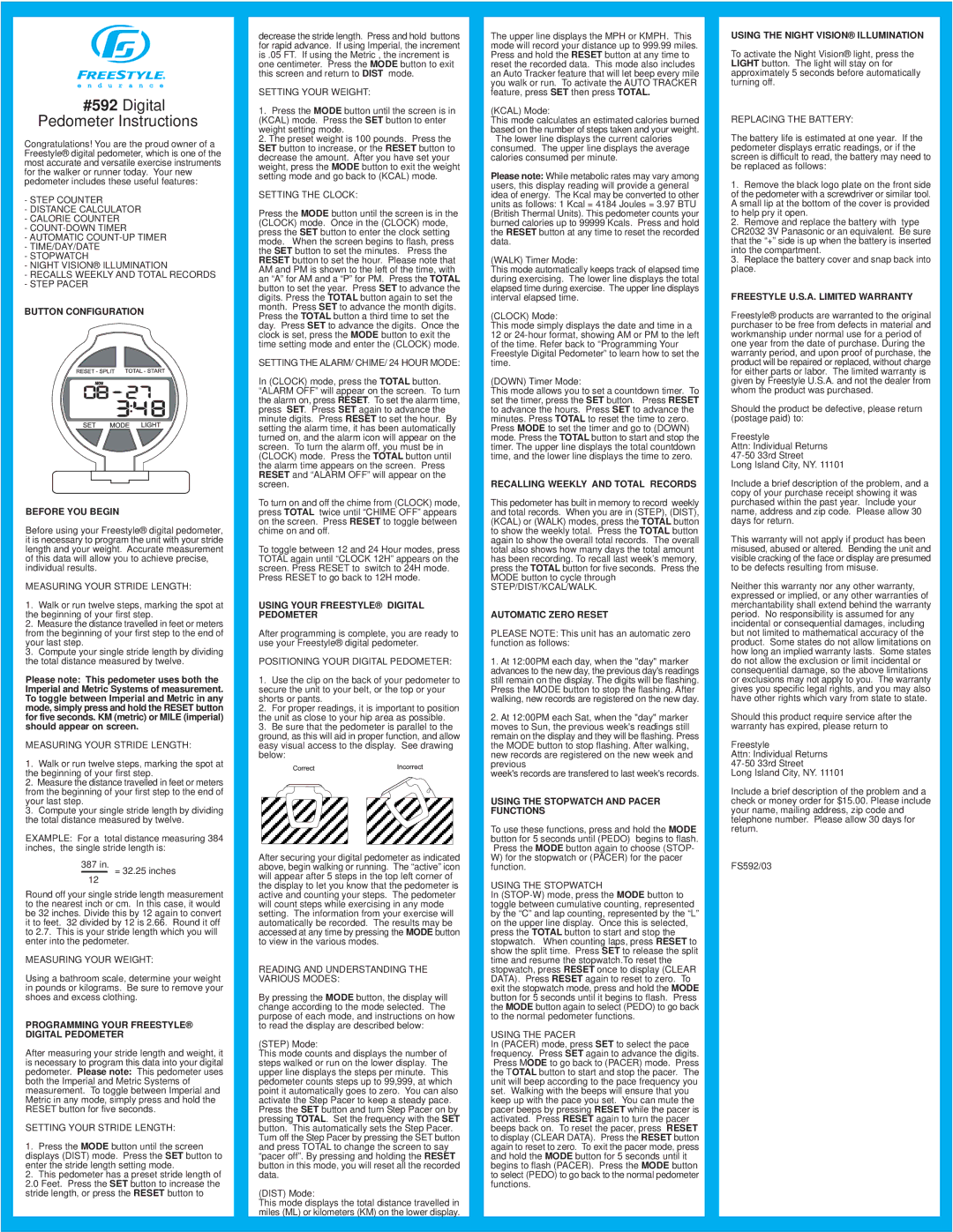Freestyle 592 warranty Button Configuration Before YOU Begin, Programming Your Freestyle Digital Pedometer 