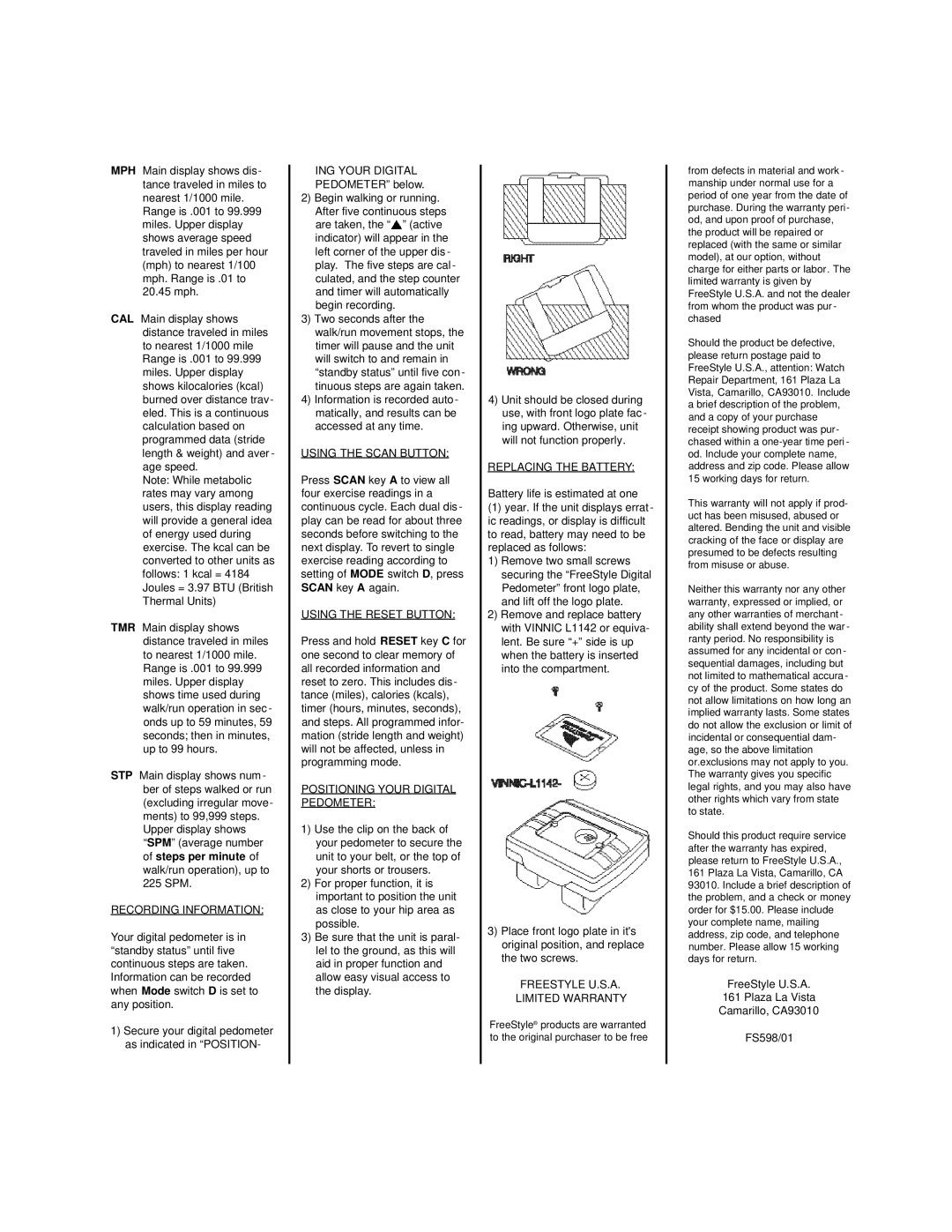 Freestyle 598 manual Recording Information, ING Your Digital, Using the Scan Button, Using the Reset Button 