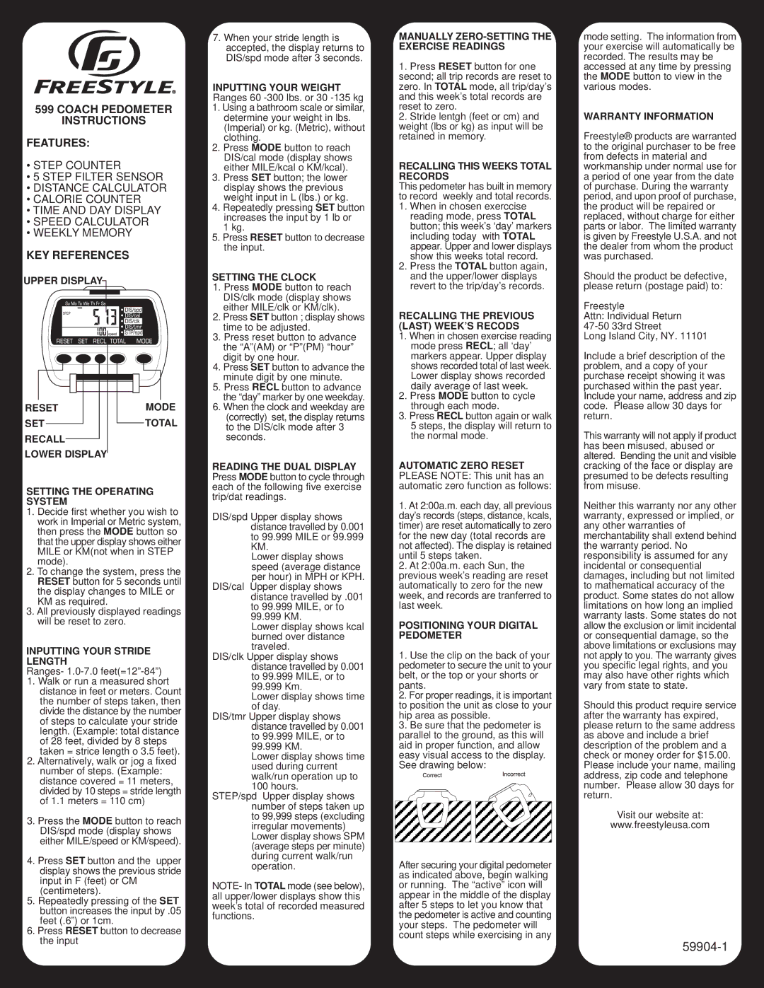 Freestyle 599 warranty Coach Pedometer Instructions Features, KEY References 