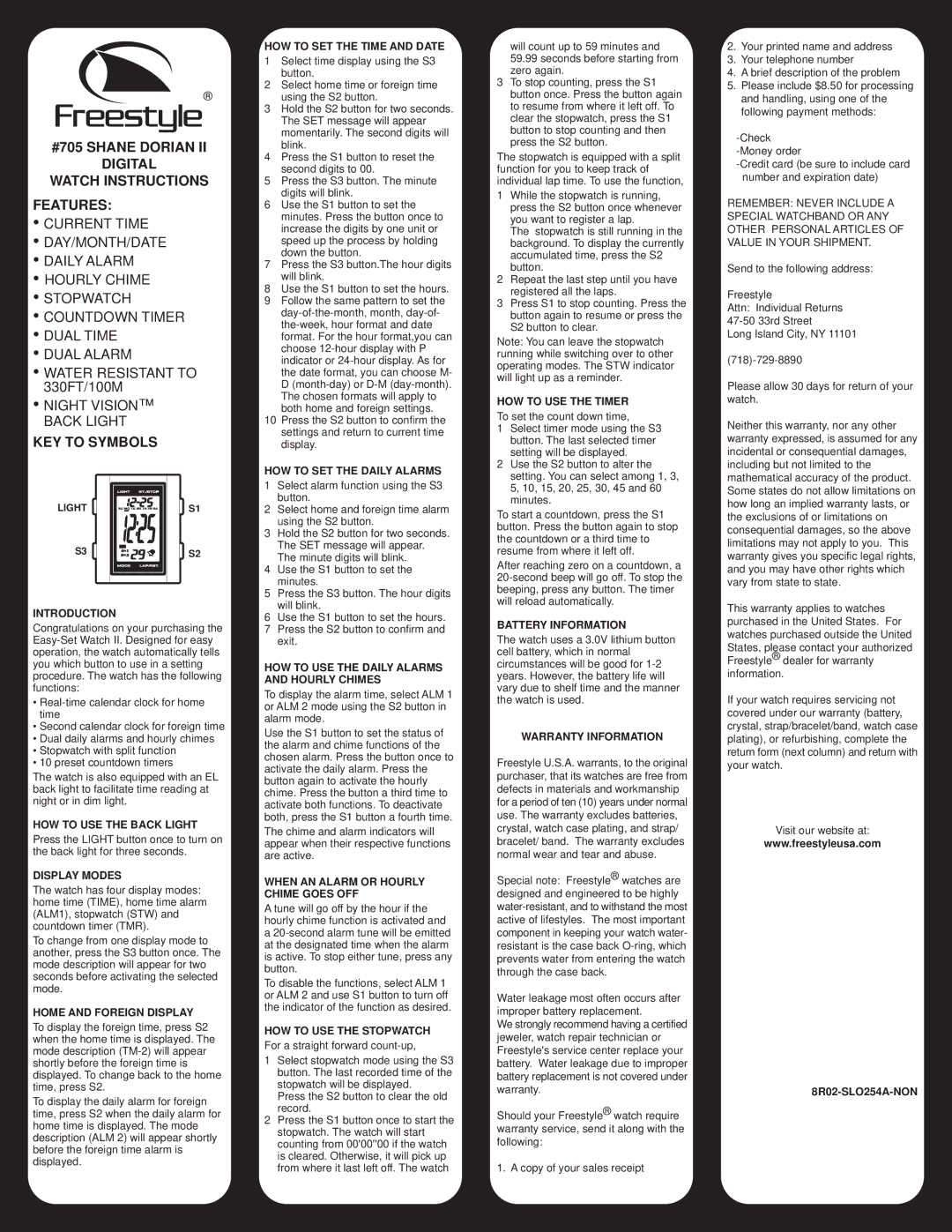 Freestyle warranty #705 Shane Dorian Digital Watch Instructions Features, KEY to Symbols 