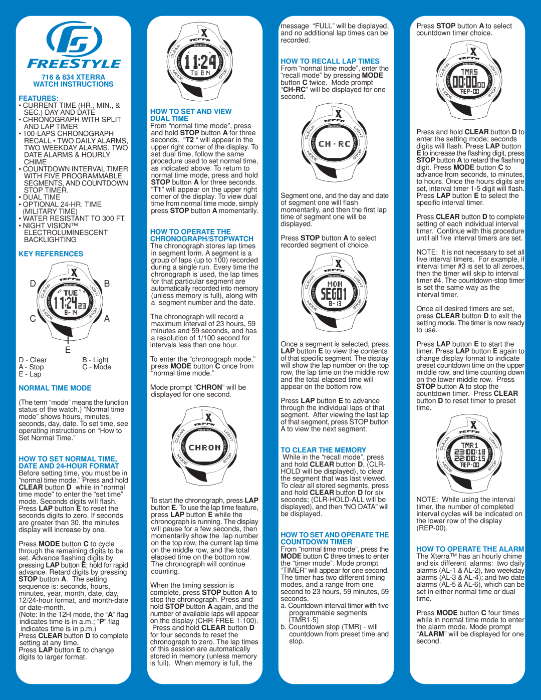 Freestyle 634 Xterra, 716 Xterra operating instructions Watch Instructions Features, KEY References, Normal Time Mode 