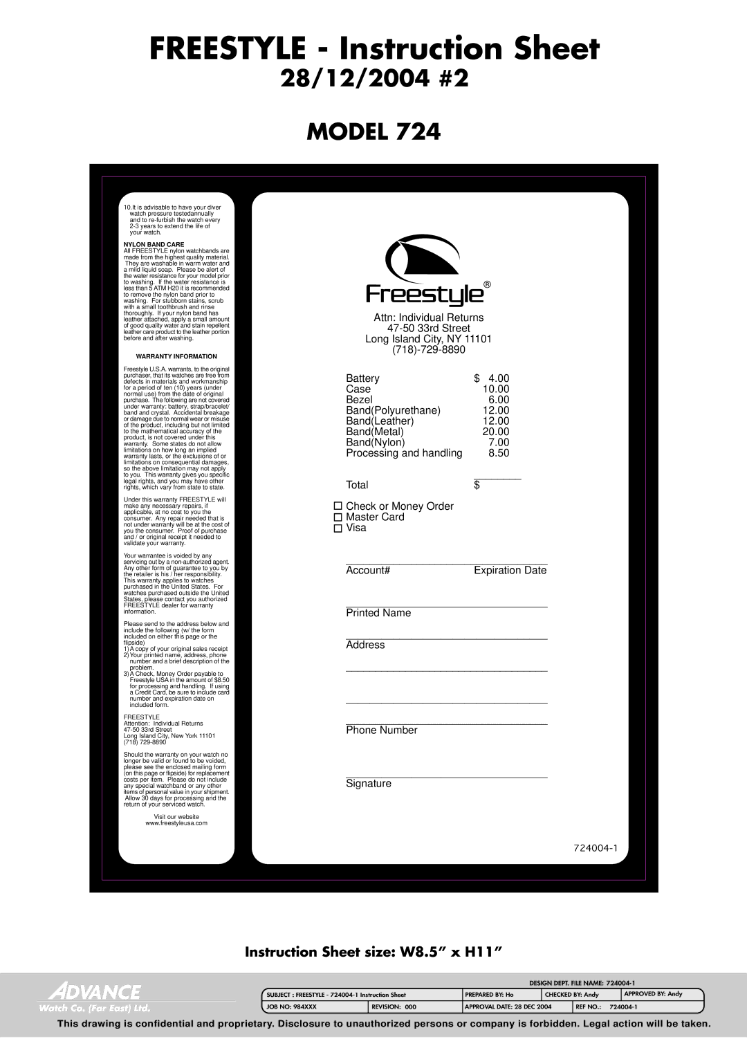 Freestyle 724 instruction sheet 28/12/2004 #2, Nylon Band Care 