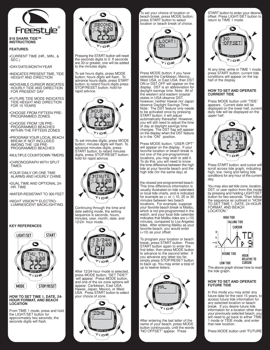 Freestyle 816 manual Shark Tide Instructions Features, HOW to SET and Operate Current Tide 