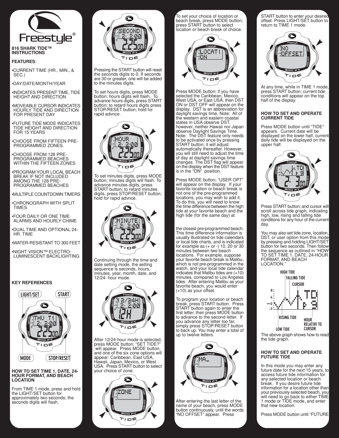 Freestyle 816 manual Shark Tide Instructions Features, KEY REFERENCES HOW TO SET TIME 1, DATE 