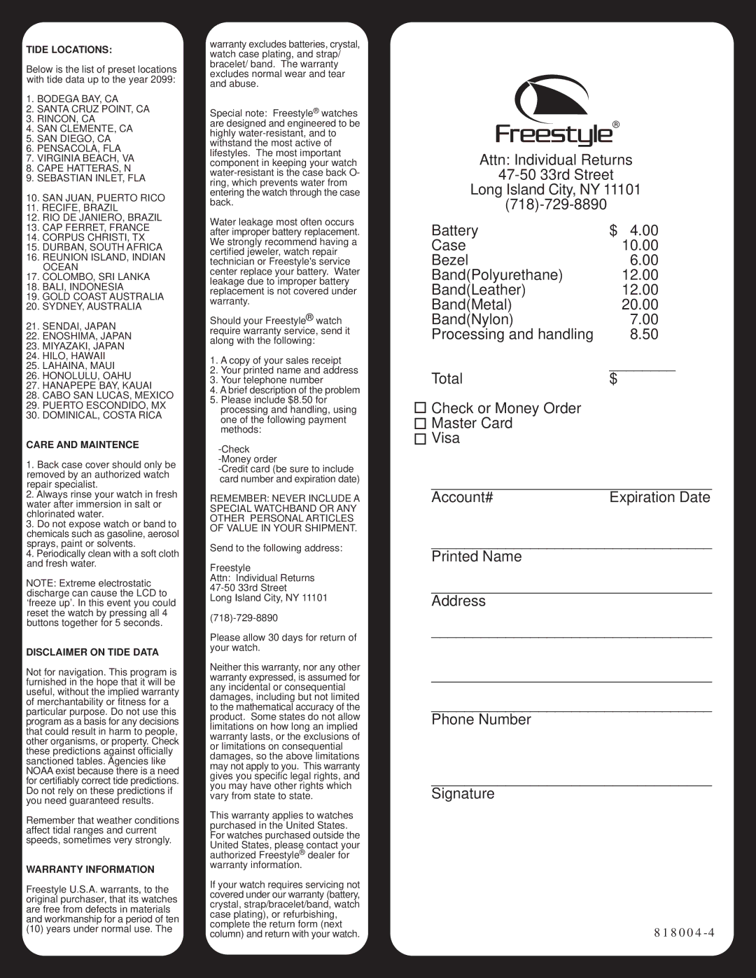 Freestyle 818 manual Tide Locations, Care and Maintence, Disclaimer on Tide Data, Warranty Information 