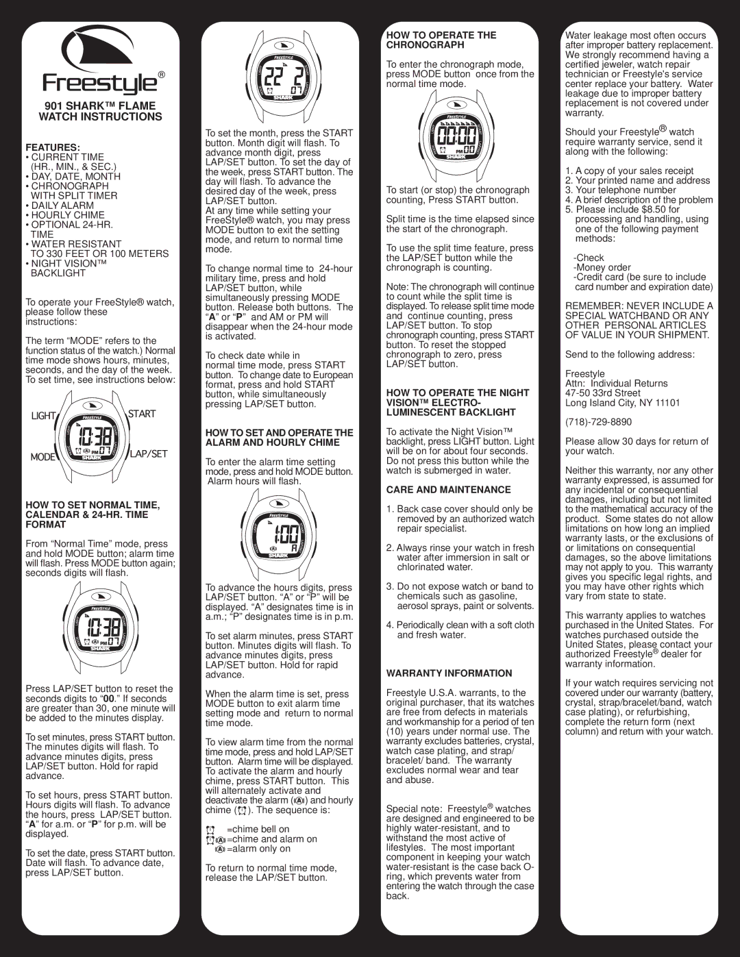 Freestyle 901 warranty Shark Flame Watch Instructions 
