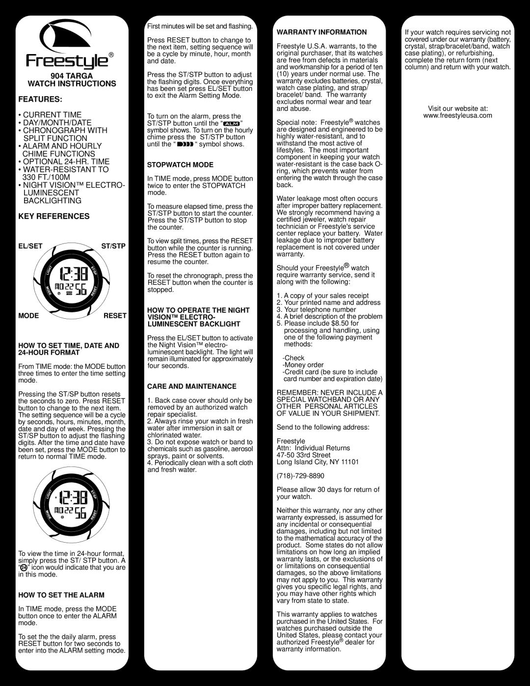 Freestyle 904 warranty Targa Watch Instructions Features, KEY References 