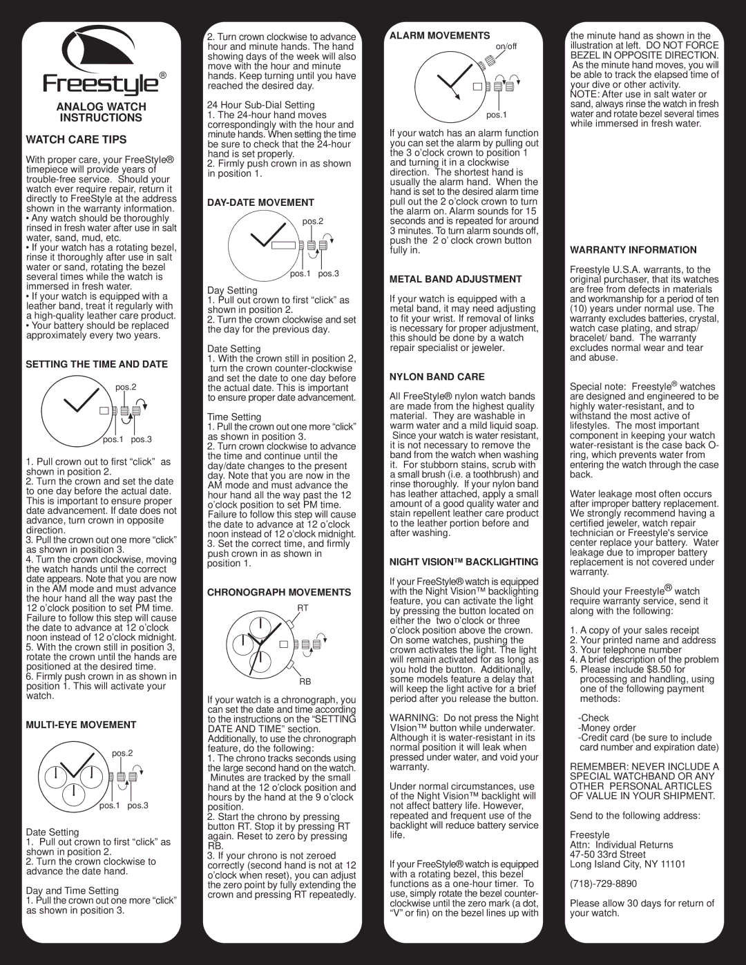 Freestyle ANALOG WATCH warranty Setting the Time and Date, MULTI-EYE Movement, DAY-DATE Movement, Chronograph Movements 