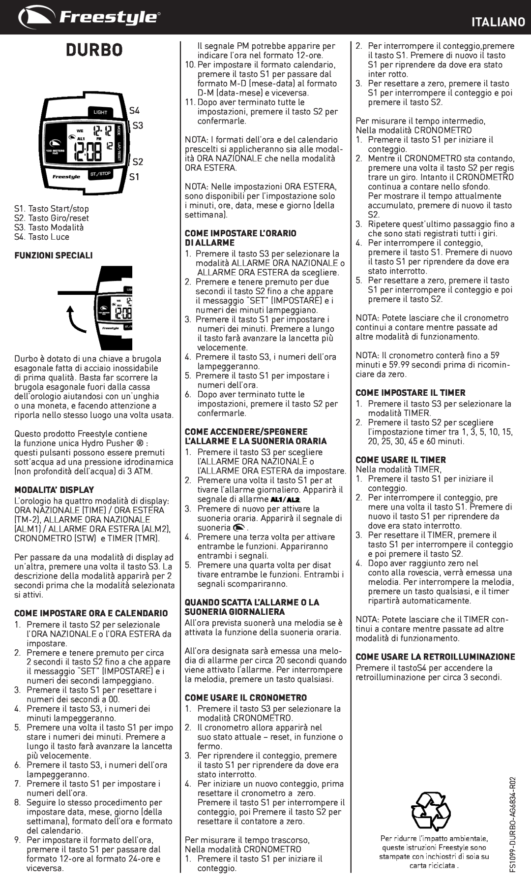 Freestyle Durbo manual Italiano, S4 S3 S2 S1, Funzioni Speciali, Modalita’ Display, Come Impostare Ora E Calendario 