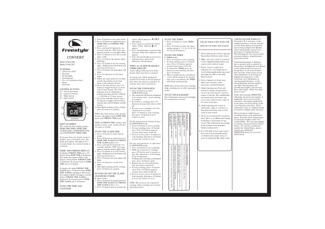 Freestyle FS81200 warranty Features, Control Buttons, Display Modes, Home and Foreign Display, To SET the Time Calendar 