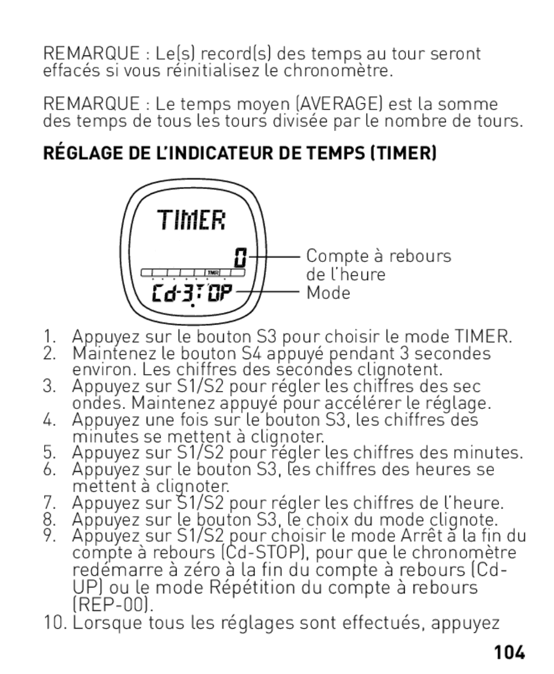 Freestyle Nomad manual Réglage DE L’INDICATEUR DE Temps Timer, 104 