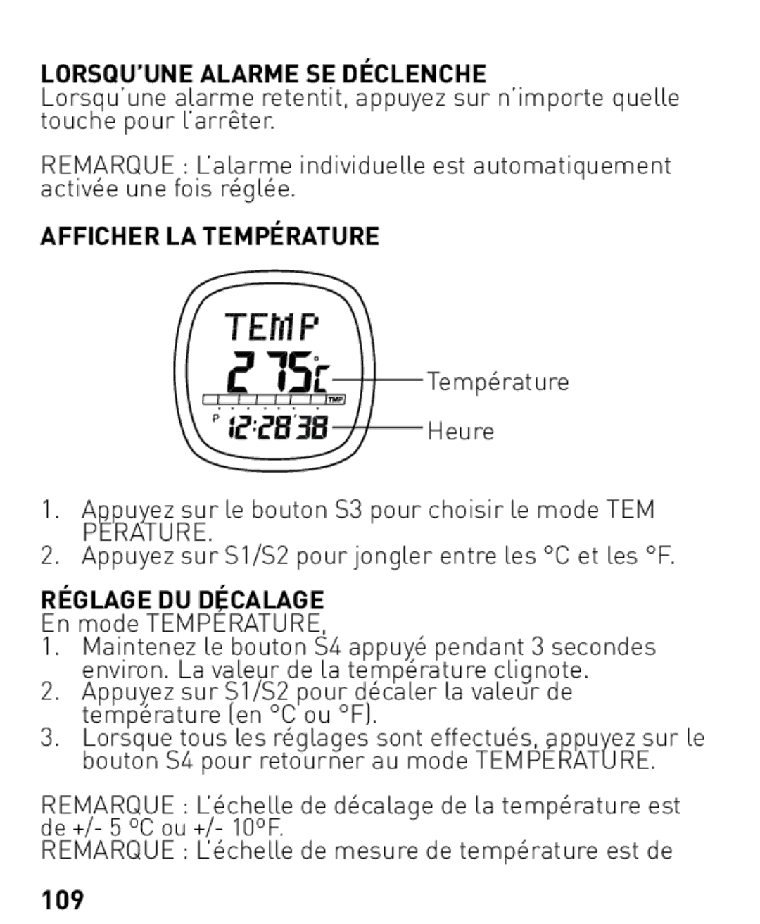 Freestyle Nomad LORSQU’UNE Alarme SE Déclenche, Afficher LA Température, Réglage DU Décalage, En mode Température, 109 