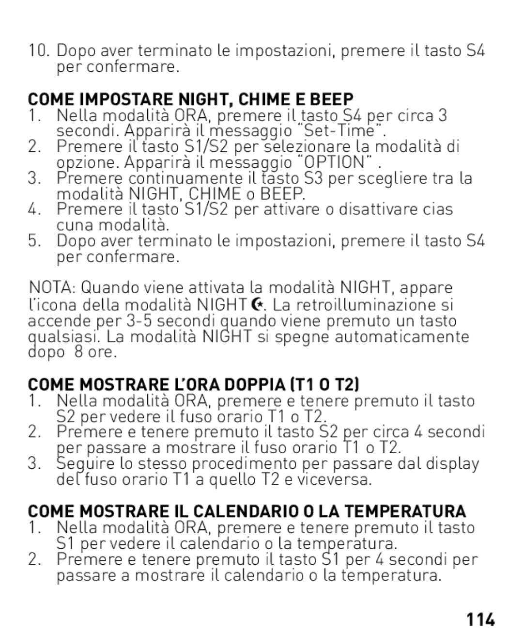 Freestyle Nomad manual Come Impostare NIGHT, Chime E Beep, Come Mostrare L’ORA Doppia T1 O T2, 114 