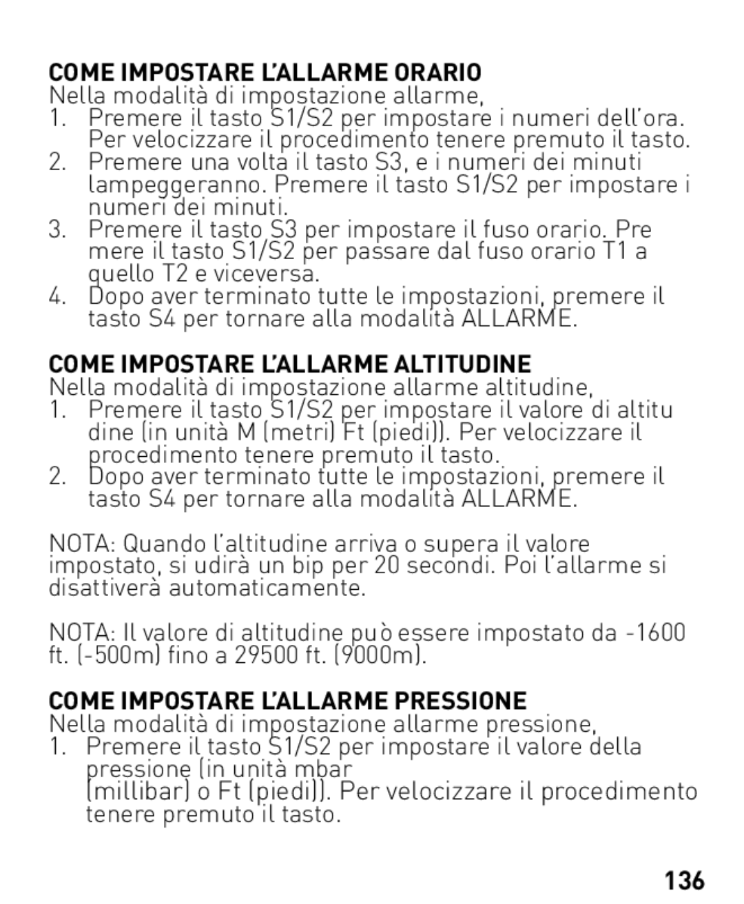 Freestyle Nomad manual Come Impostare L’ALLARME Orario, Nella modalità di impostazione allarme, 136 