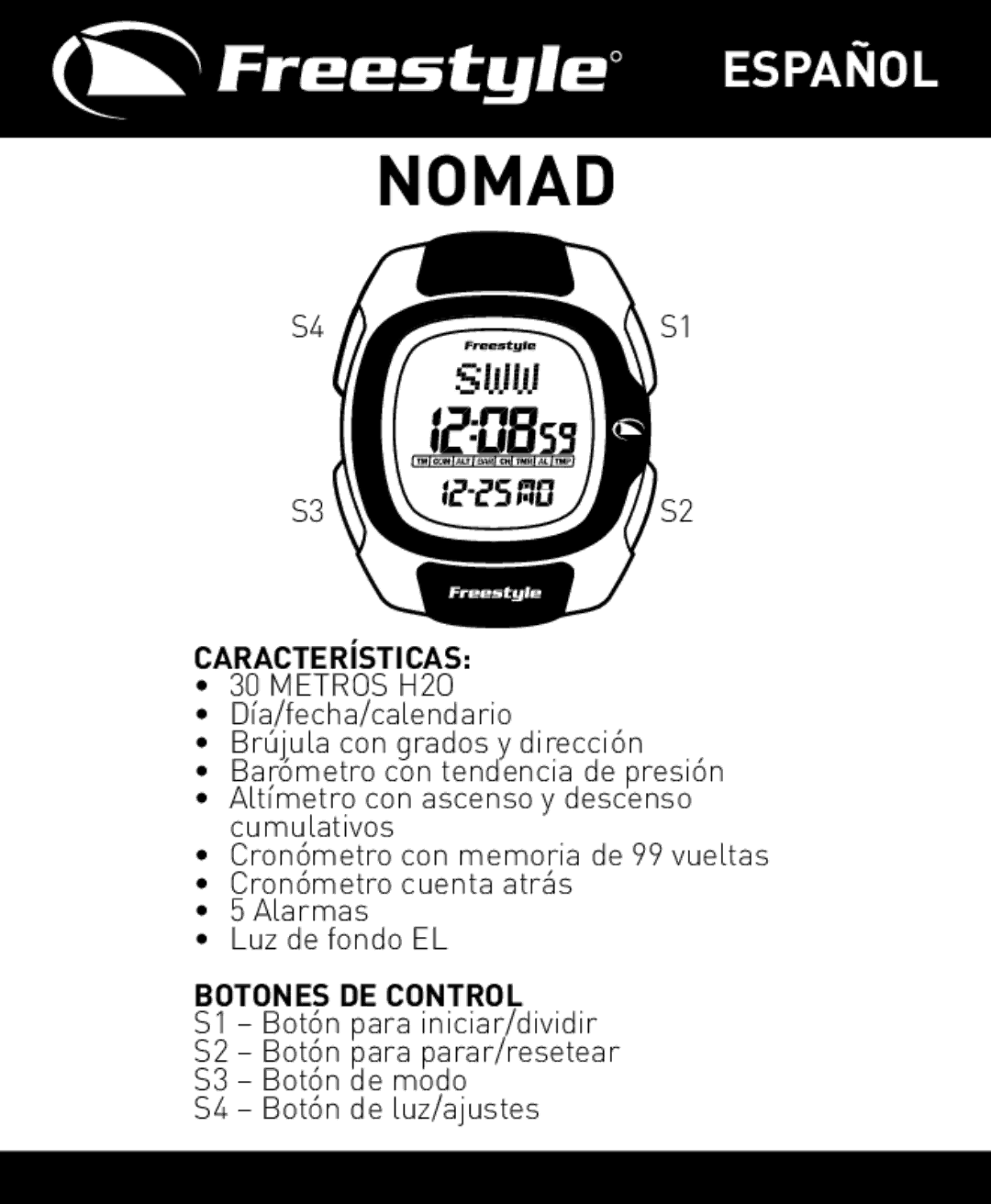 Freestyle Nomad manual Características, Metros H2O, Botones DE Control 