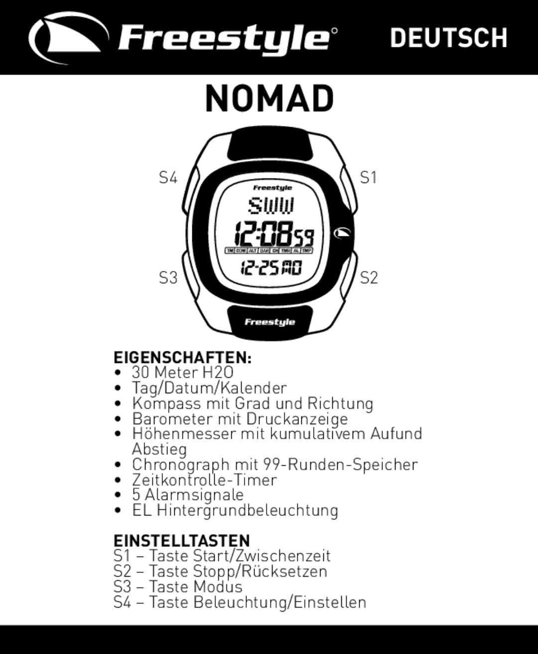 Freestyle Nomad manual Eigenschaften, Meter H2O Tag/Datum/Kalender Kompass mit Grad und Richtung, Abstieg, Einstelltasten 