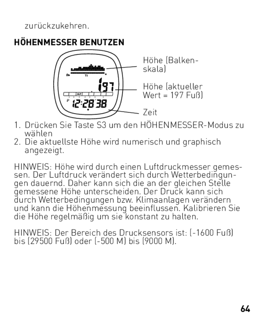 Freestyle Nomad manual Zurückzukehren, Höhenmesser Benutzen 