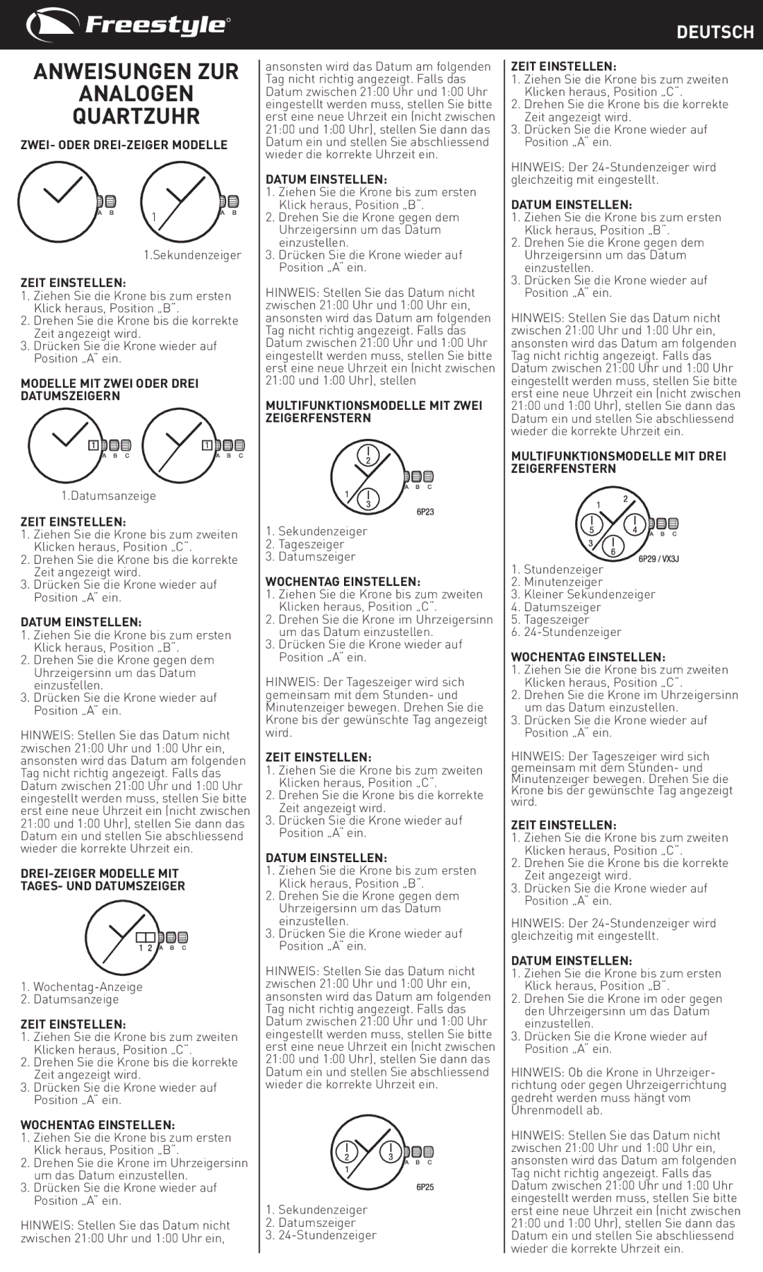 Freestyle Quartz Analog manual Anweisungen ZUR Analogen Quartzuhr, Deutsch 