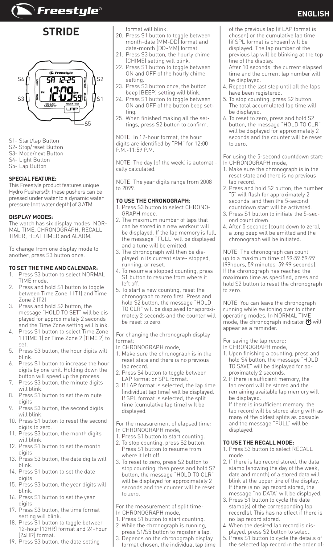 Freestyle Stride manual English, MAL TIME, CHRONOGRAPH, RECALL, TIMER, Heat Timer and Alarm 