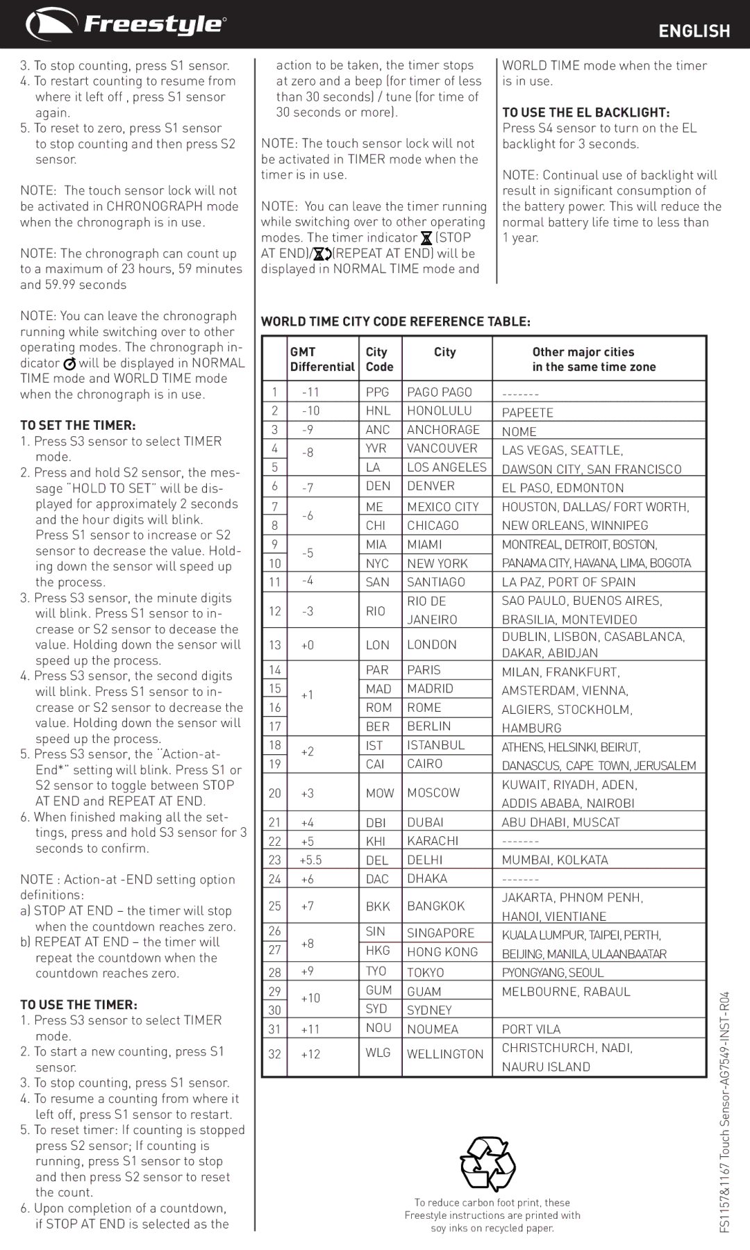 Freestyle The Response manual To SET the Timer, To USE the Timer, World Time City Code Reference Table GMT 