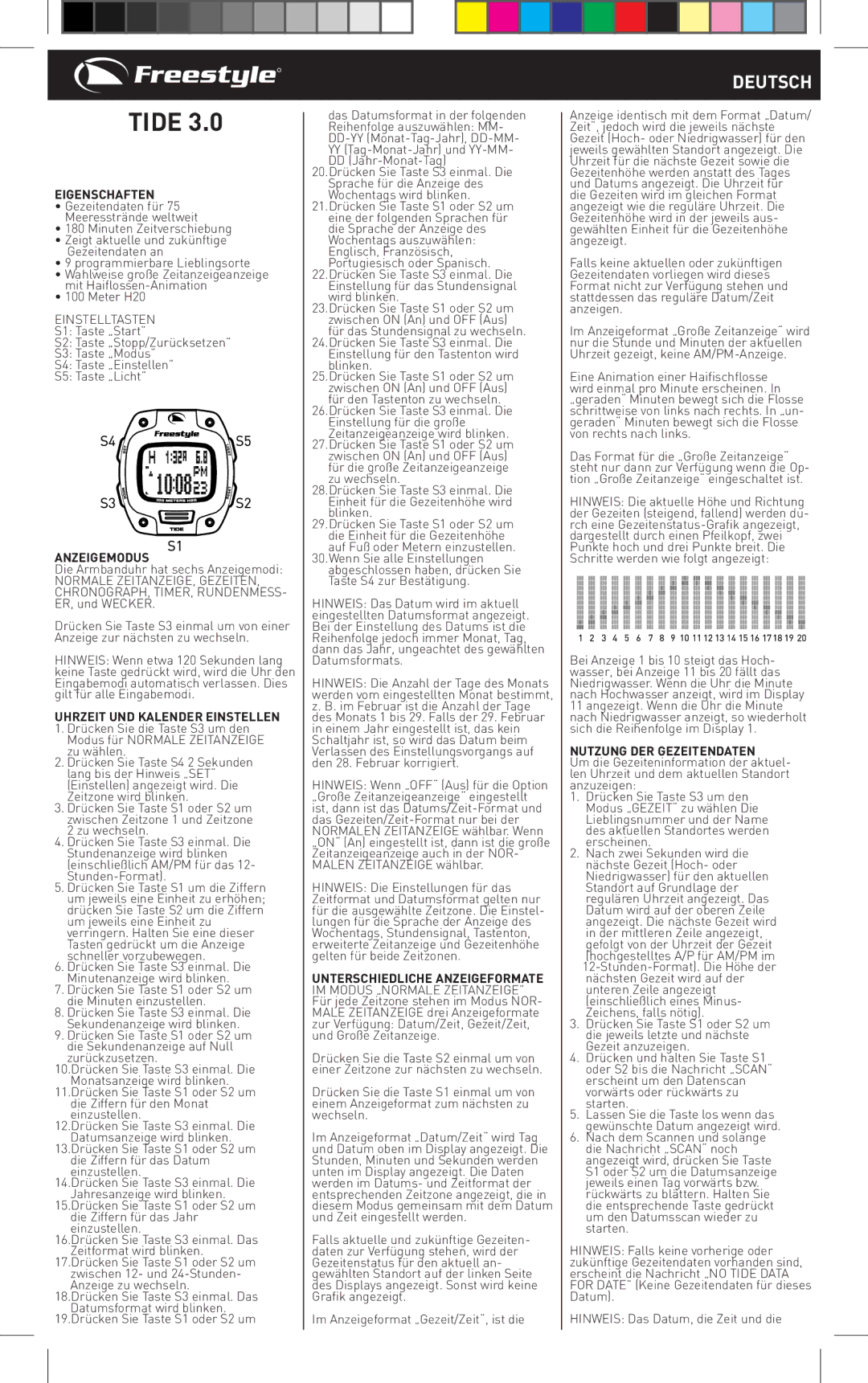 Freestyle TIDE 3.0 manual Deutsch, Eigenschaften, Einstelltasten, Anzeigemodus, Nutzung DER Gezeitendaten 