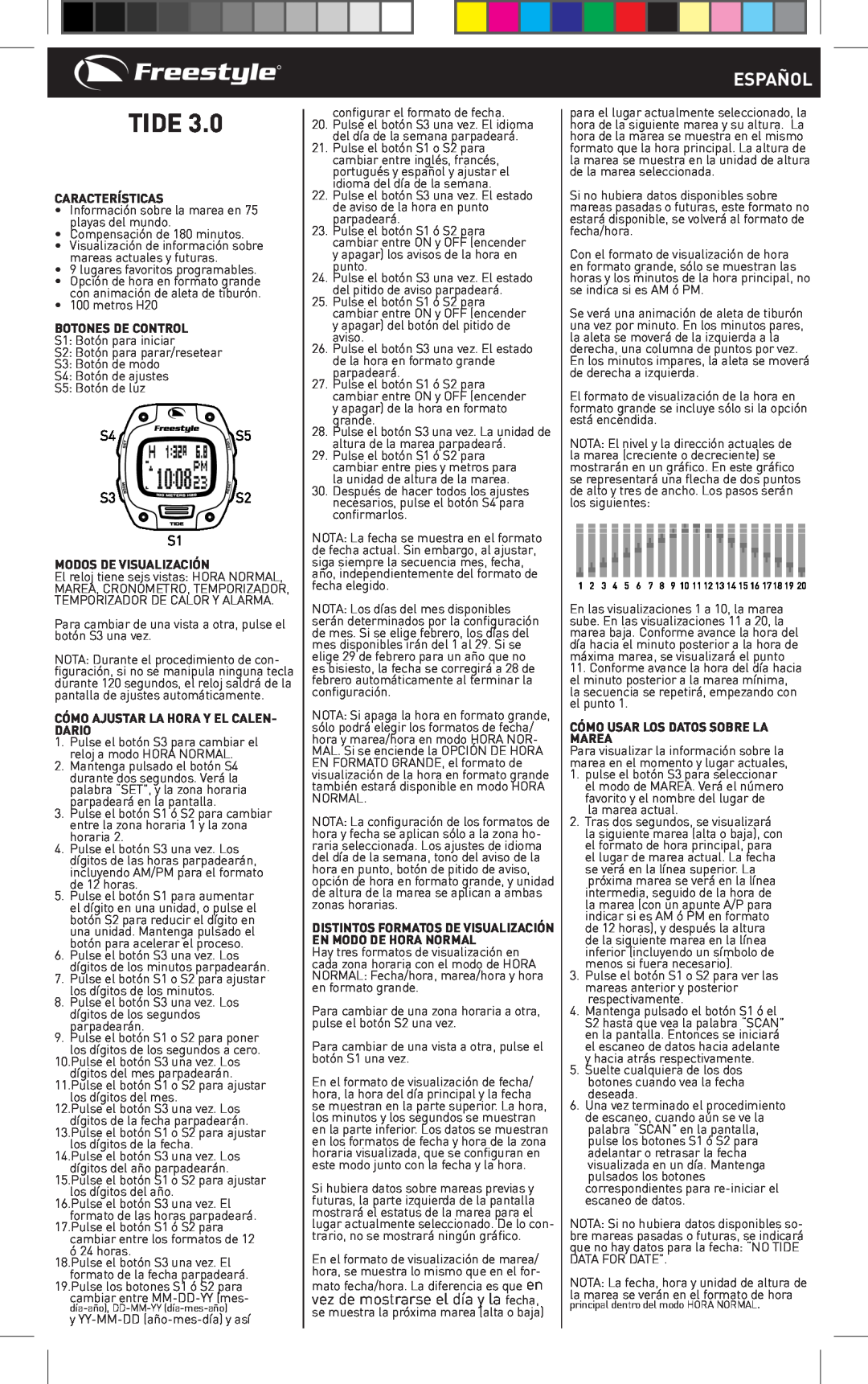 Freestyle TIDE 3.0 manual Español, Características, Botones De Control, Modos De Visualización, Tide 