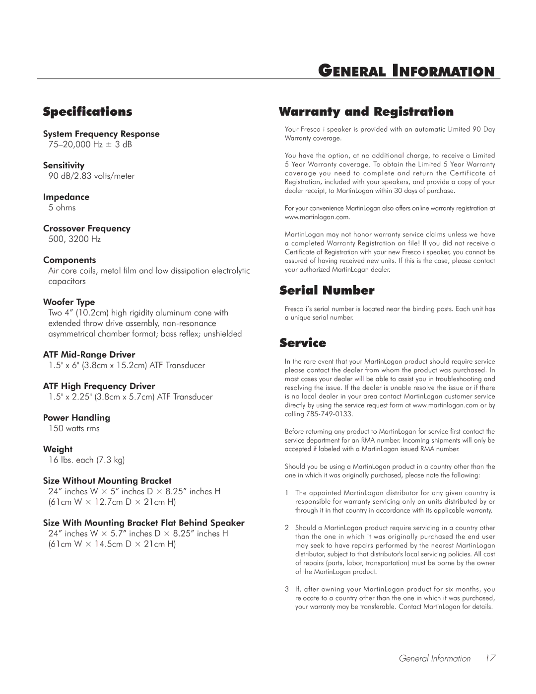 Fresco Speaker user manual General Information, Specifications, Warranty and Registration, Serial Number, Service 